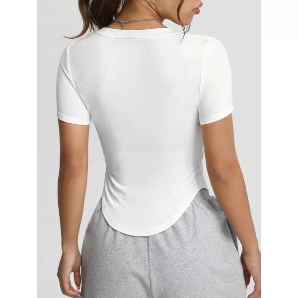 SweatyRocks Women's V Neck Crop Tops Casual Short Sleeve Shirts Fitted Pocket Curved Hem Tees