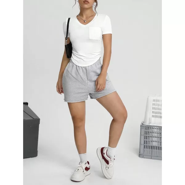 SweatyRocks Women's V Neck Crop Tops Casual Short Sleeve Shirts Fitted Pocket Curved Hem Tees