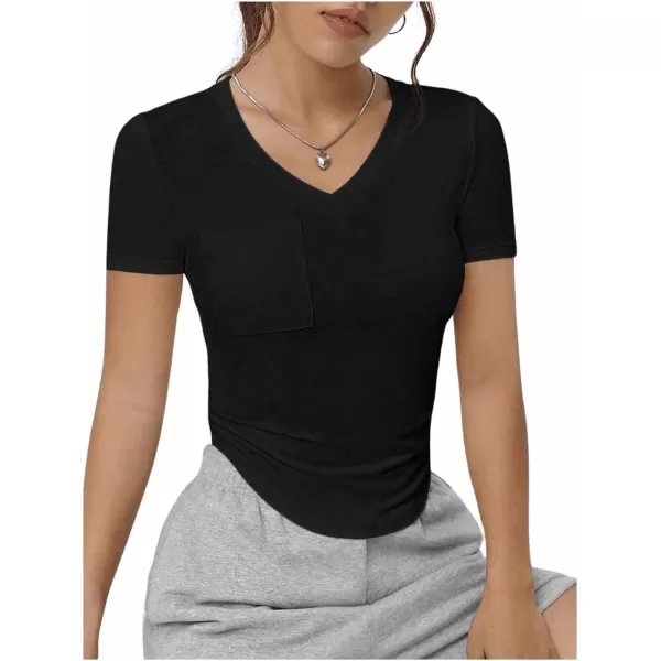 SweatyRocks Women's V Neck Crop Tops Casual Short Sleeve Shirts Fitted Pocket Curved Hem Tees