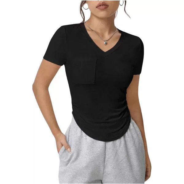 SweatyRocks Women's V Neck Crop Tops Casual Short Sleeve Shirts Fitted Pocket Curved Hem Tees