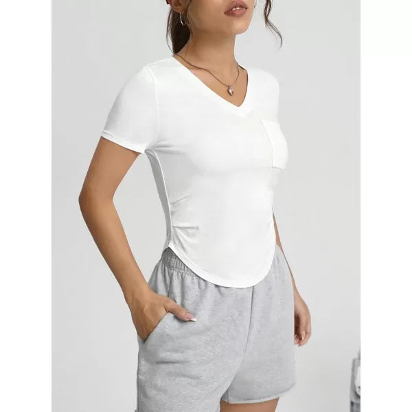 SweatyRocks Women's V Neck Crop Tops Casual Short Sleeve Shirts Fitted Pocket Curved Hem Tees