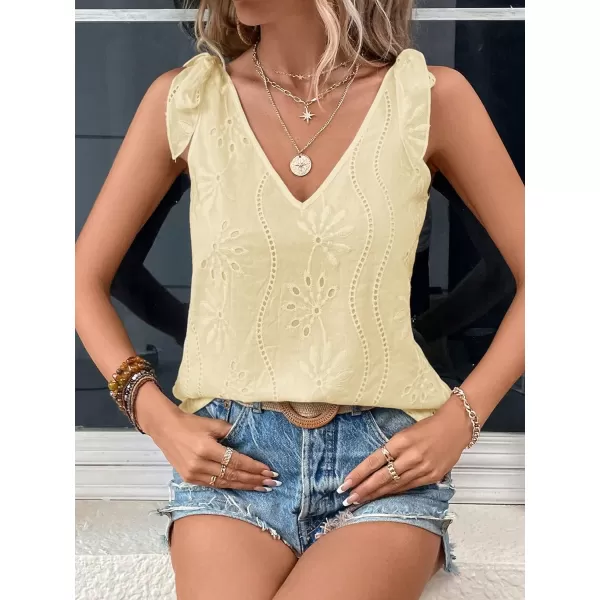 SweatyRocks Women's V Neck Tie Shoulder Sleeveless V Neck Tank Top Eyelet Embroidery Cami Tops Shirt