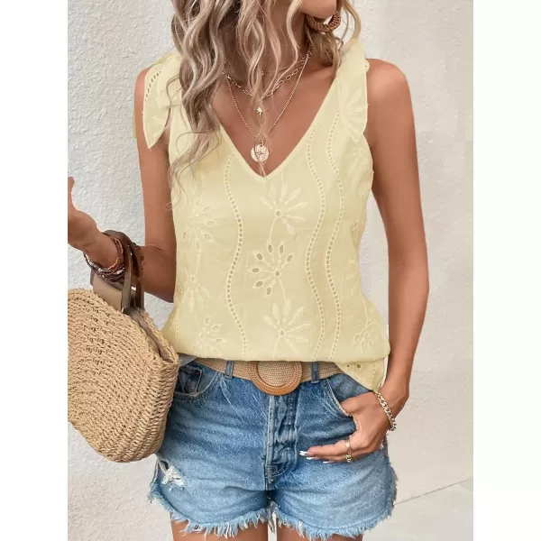 SweatyRocks Women's V Neck Tie Shoulder Sleeveless V Neck Tank Top Eyelet Embroidery Cami Tops Shirt