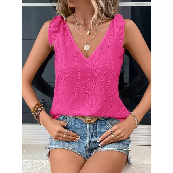 SweatyRocks Women's V Neck Tie Shoulder Sleeveless V Neck Tank Top Eyelet Embroidery Cami Tops Shirt
