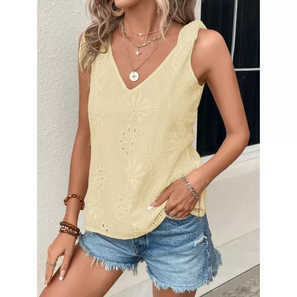 SweatyRocks Women's V Neck Tie Shoulder Sleeveless V Neck Tank Top Eyelet Embroidery Cami Tops Shirt