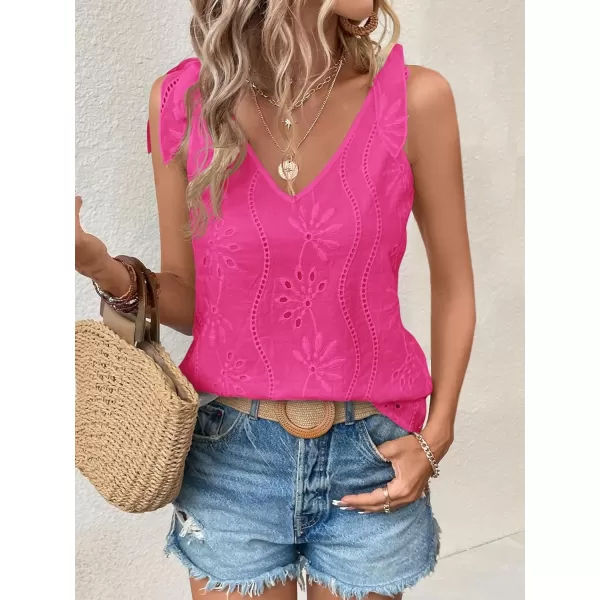 SweatyRocks Women's V Neck Tie Shoulder Sleeveless V Neck Tank Top Eyelet Embroidery Cami Tops Shirt