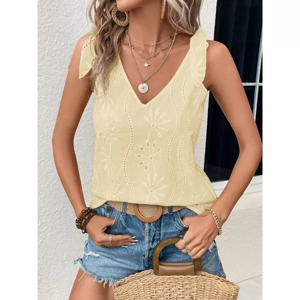 SweatyRocks Women's V Neck Tie Shoulder Sleeveless V Neck Tank Top Eyelet Embroidery Cami Tops Shirt