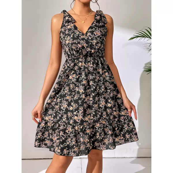 SweatyRocks Women's Wrap V Neck Floral Print Tie Shoulder Boho Ruffle Flowy A Line Dresses