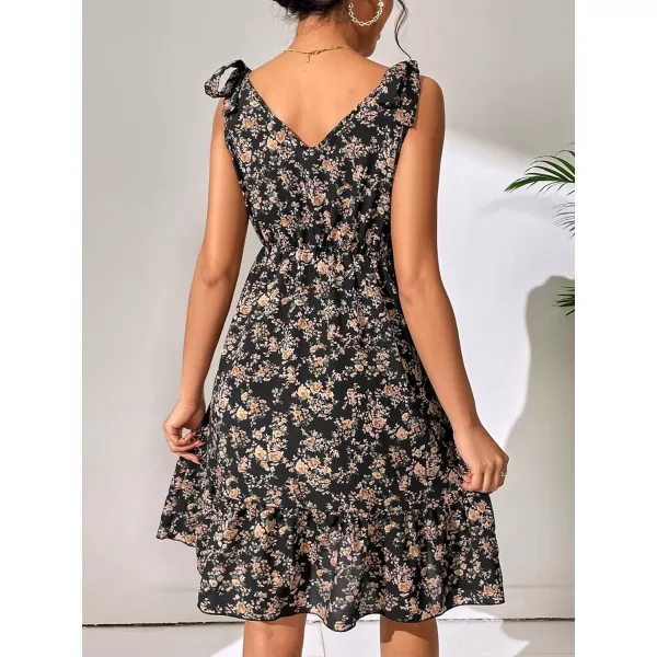 SweatyRocks Women's Wrap V Neck Floral Print Tie Shoulder Boho Ruffle Flowy A Line Dresses