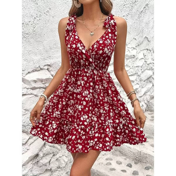 SweatyRocks Women's Wrap V Neck Floral Print Tie Shoulder Boho Ruffle Flowy A Line Dresses