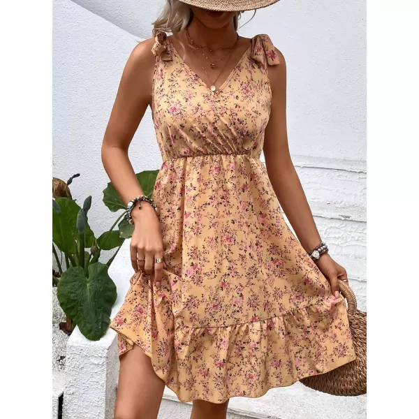 SweatyRocks Women's Wrap V Neck Floral Print Tie Shoulder Boho Ruffle Flowy A Line Dresses