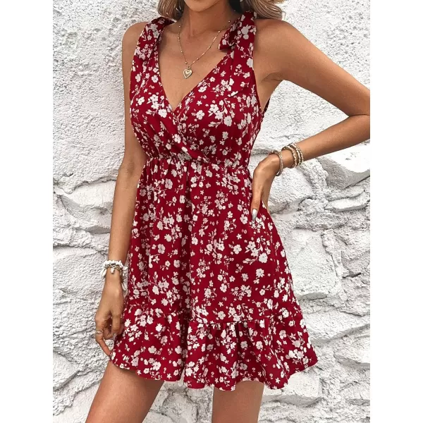 SweatyRocks Women's Wrap V Neck Floral Print Tie Shoulder Boho Ruffle Flowy A Line Dresses