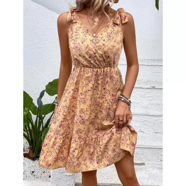 SweatyRocks Women's Wrap V Neck Floral Print Tie Shoulder Boho Ruffle Flowy A Line Dresses