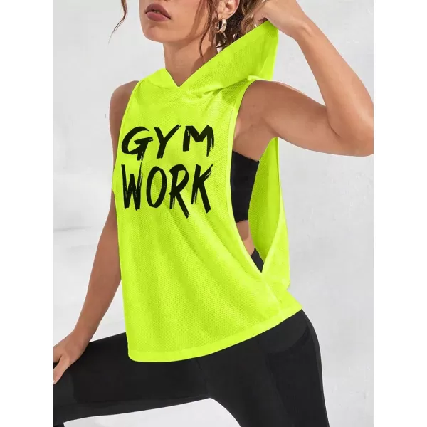 SweatyRocks Workout Tops for Women Letter Sleeveless Loose Sports Yoga Hooded Tank Tops
