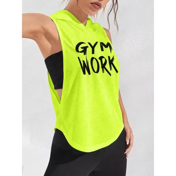 SweatyRocks Workout Tops for Women Letter Sleeveless Loose Sports Yoga Hooded Tank Tops