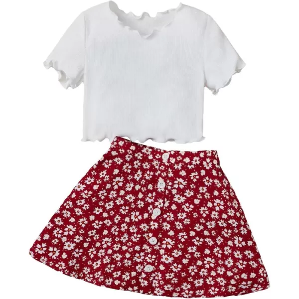 SweatyRocks Girl's 2 Piece Outfit Lettuce Trim Short Sleeve Tee Top and Floral Print Mini Skirts Set