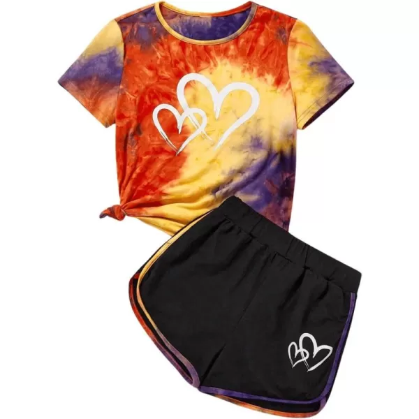 SweatyRocks Girl's 2 Piece Outfit Tie Dye Graphic Print Short Sleeve Tee Top and Track Shorts Set