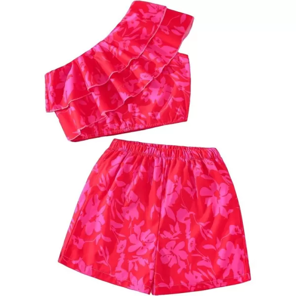 SweatyRocks Girl's 2 Piece Outfits Floral Print Ruffle One Shoulder Sleeveless Top and Shorts Set