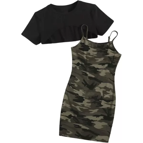 SweatyRocks Girl's 2 Piece Outfits Short Sleeve Crop Top Tee and Camo Print Cami Dress Set