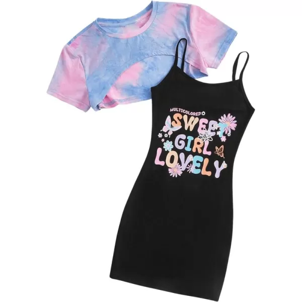 SweatyRocks Girl's 2 Piece Outfits Short Sleeve Crop Top Tee and Camo Print Cami Dress Set