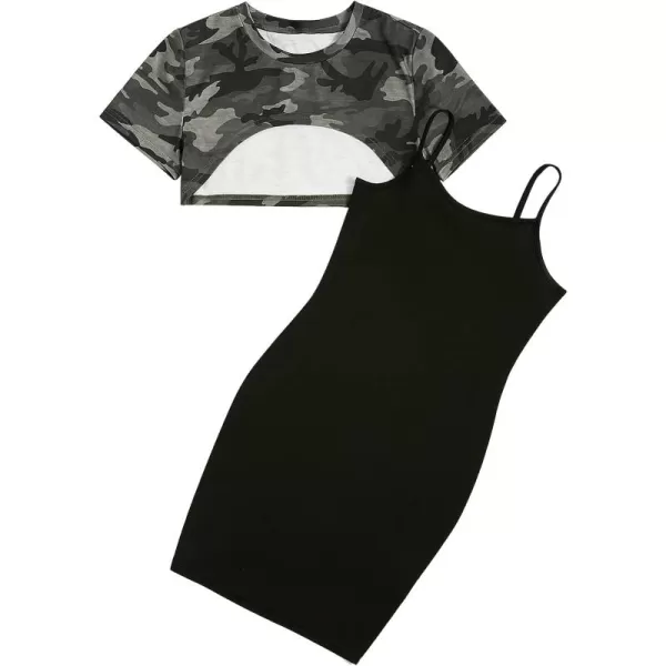 SweatyRocks Girl's 2 Piece Outfits Short Sleeve Crop Top Tee and Camo Print Cami Dress Set