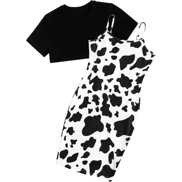 SweatyRocks Girl's 2 Piece Outfits Short Sleeve Crop Top Tee and Camo Print Cami Dress Set