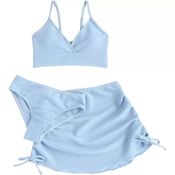 SweatyRocks Girl's 3 Piece Swimsuit Cute Solid Bikini Bathing Suit with Ruched Beach Skirt