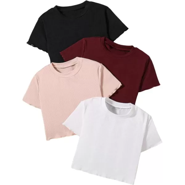SweatyRocks Girl's 4 Piece Lettuce Trim Short Sleeve Tee Shirts Crewneck Solid Cropped Tops