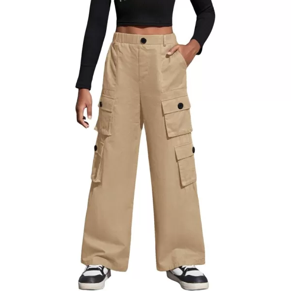 SweatyRocks Girl's Casual Elastic High Waist Zip Up Cargo Pants Wide Leg Trousers with Flap Pocket