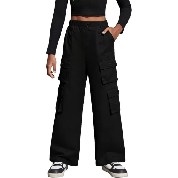 SweatyRocks Girl's Casual Elastic High Waist Zip Up Cargo Pants Wide Leg Trousers with Flap Pocket