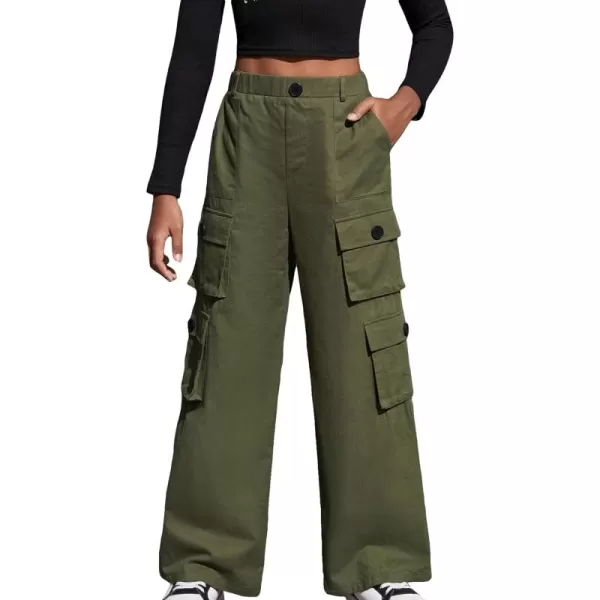 SweatyRocks Girl's Casual Elastic High Waist Zip Up Cargo Pants Wide Leg Trousers with Flap Pocket