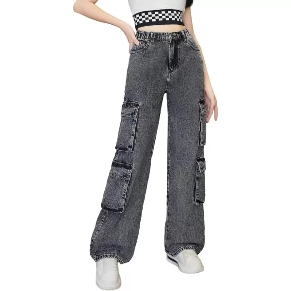 SweatyRocks Girl's Casual Elastic Waist Zip Up Denim Pants Straight Leg Cargo Jeans with Pocket