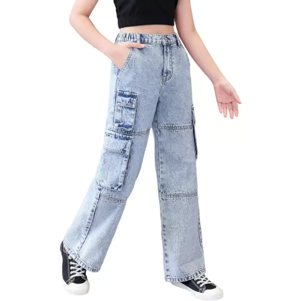 SweatyRocks Girl's Casual Elastic Waist Zip Up Denim Pants Straight Leg Cargo Jeans with Pocket