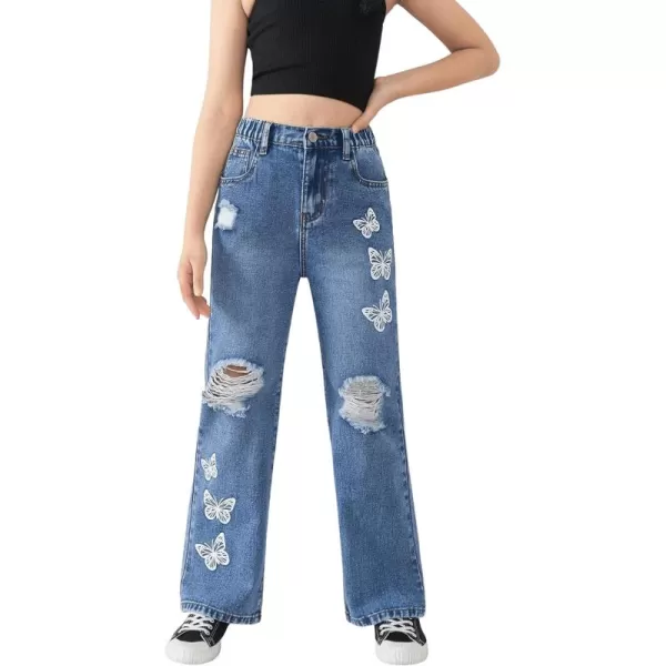 SweatyRocks Girl's Casual High Elastic Waist Ripped Jeans Straight Leg Denim Pants with Pocket