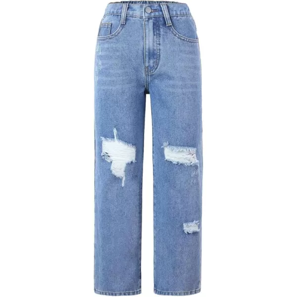 SweatyRocks Girl's Casual High Elastic Waist Ripped Jeans Straight Leg Denim Pants with Pocket