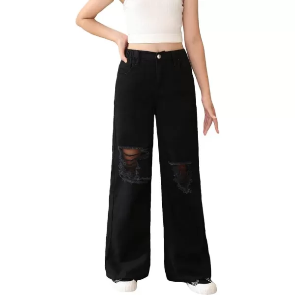 SweatyRocks Girl's Casual High Elastic Waist Ripped Jeans Straight Leg Denim Pants with Pocket