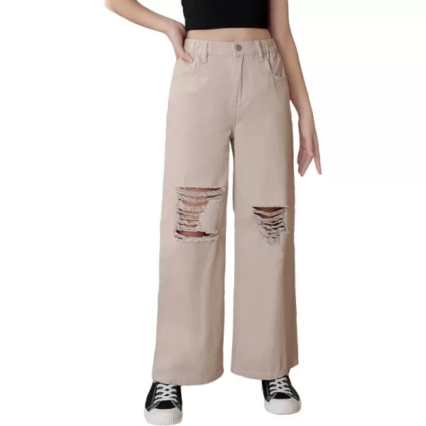 SweatyRocks Girl's Casual High Elastic Waist Ripped Jeans Straight Leg Denim Pants with Pocket