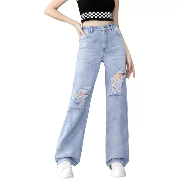 SweatyRocks Girl's Casual High Elastic Waist Ripped Jeans Straight Leg Denim Pants with Pocket