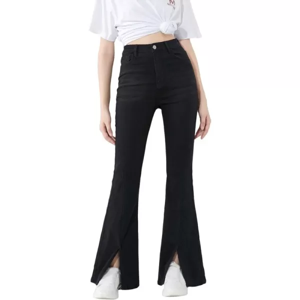 SweatyRocks Girl's Casual High Waisted Zip Up Jeans Flare Leg Split Hem Long Denim Pants
