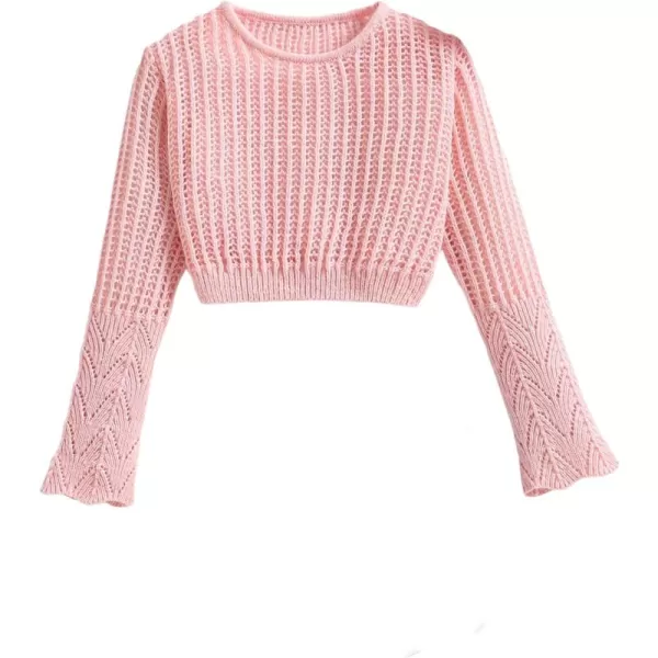 SweatyRocks Girl's Casual Round Neck Long Sleeve Lightweight Sweater Ribbed Knit Crochet Crop Tops Sweater