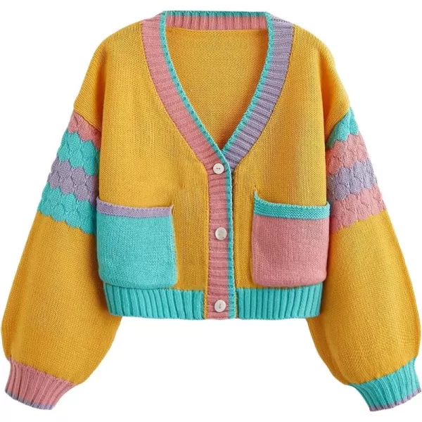 SweatyRocks Girl's Color Block Long Sleeve Button Up V Neck Drop Shoulder Cardigan Sweater with Pocket