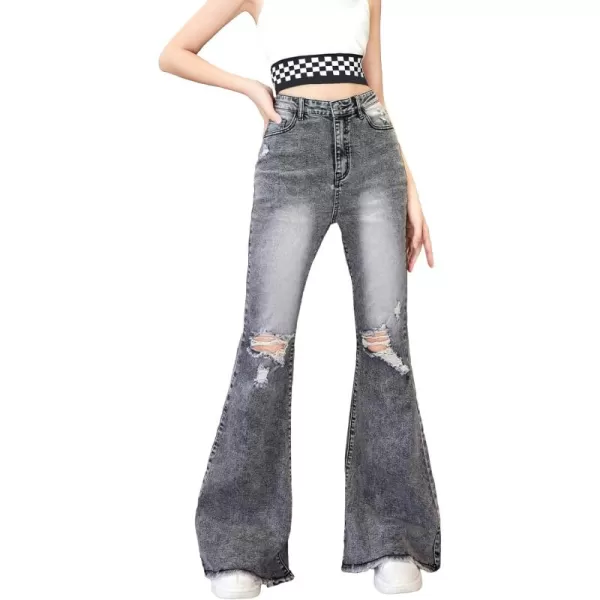 SweatyRocks Girl's High Waist Ripped Raw Hem Jeans Flare Leg Denim Pants with Pocket