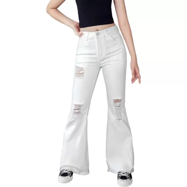 SweatyRocks Girl's High Waist Ripped Raw Hem Jeans Flare Leg Denim Pants with Pocket