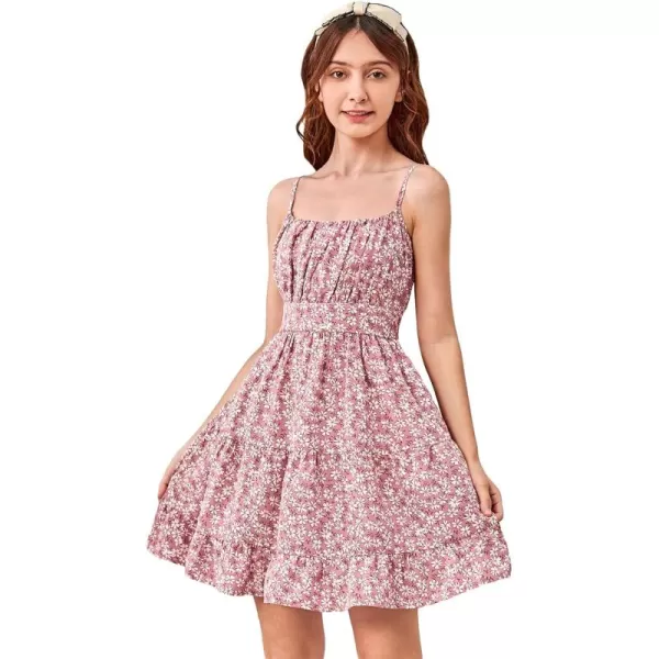 SweatyRocks Girl's Spaghetti Strap Ruched Cami Dress Floral Print Ruffle Flared Mini Dresses