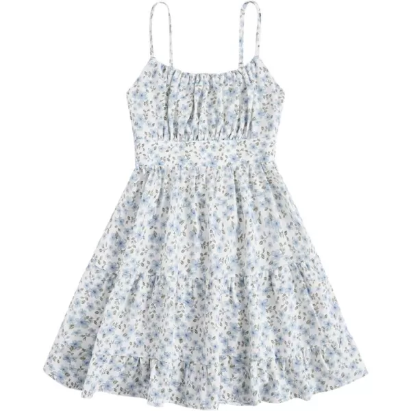 SweatyRocks Girl's Spaghetti Strap Ruched Cami Dress Floral Print Ruffle Flared Mini Dresses