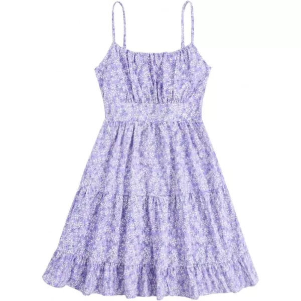 SweatyRocks Girl's Spaghetti Strap Ruched Cami Dress Floral Print Ruffle Flared Mini Dresses
