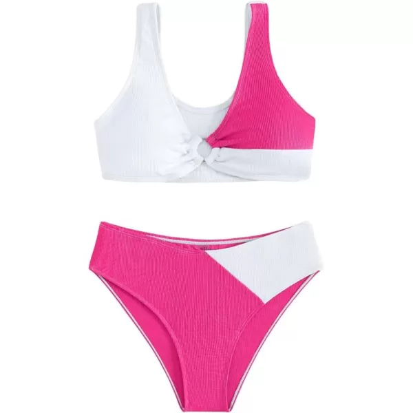 SweatyRocks Girl's Two Piece Color Block Swimsuit V Neck Ribbed Bikini Set Bathing Suit Beachwear