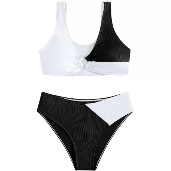 SweatyRocks Girl's Two Piece Color Block Swimsuit V Neck Ribbed Bikini Set Bathing Suit Beachwear