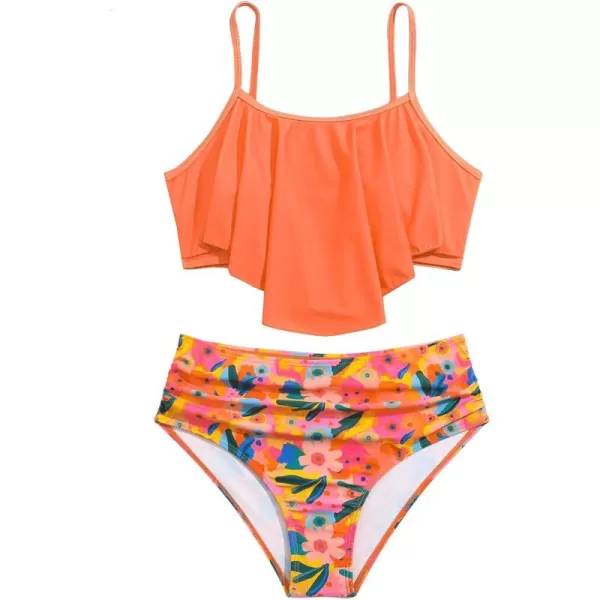 SweatyRocks Girl's Two Piece Swimsuit Graphic Print Ruffle Flounce Cute Bikini Set Bathing Suit