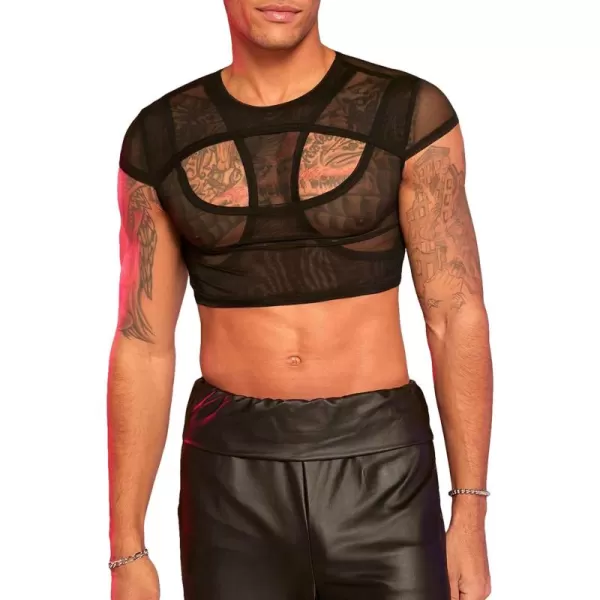 SweatyRocks Men's Cut Out Mesh Tee Shirts Round Neck Cap Sleeve Party Crop Shirt Tops